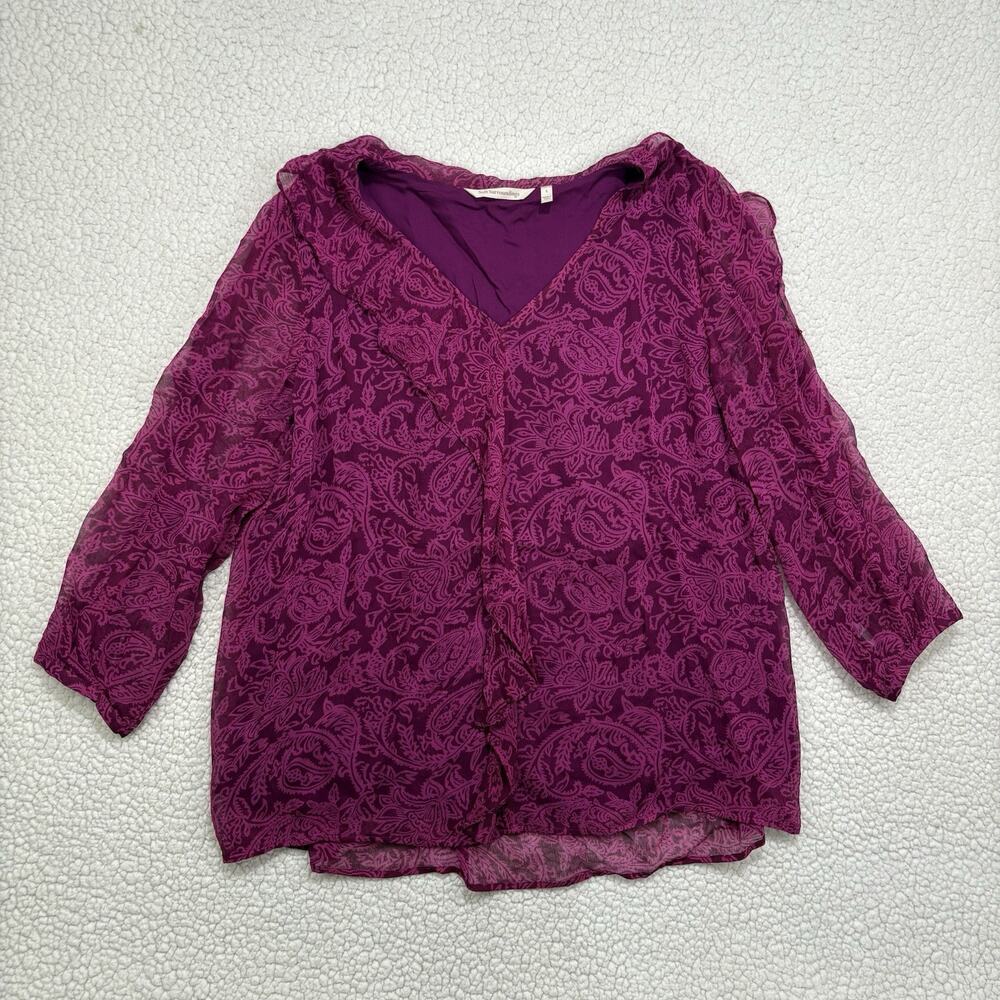 Soft Surroundings V Neck Ruffle Blouse Top‎ Size L Paisley Sheer Lined Flowy